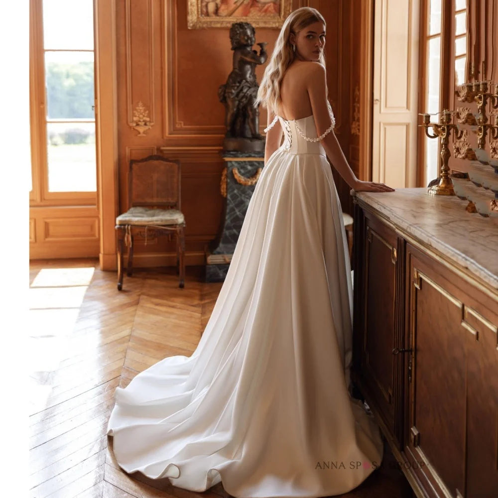 Classic Wedding Dresses Customized Elegant Off Shoulder Bride Dress Pearl Split A Line Lace Up Bridal Gowns New Vestido De Novia Secondary image