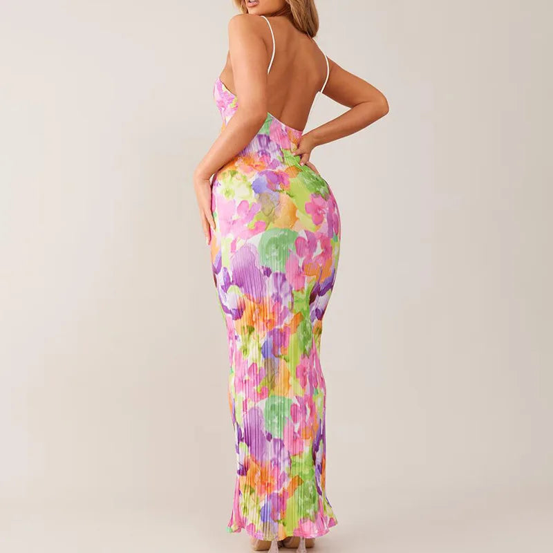 Color Printed Spaghetti Strap Maxi Dresses For Women Sexy V-neck Slim Backless Folds Dress Fashion Evening Party Elegant Vestido Secondary image