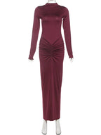 kliou Shirring Women Classic Maxi Dress Autumn New Solid Long Sleeve High Collar Body-shaping Vestidos Mujer Concise Trend Robe