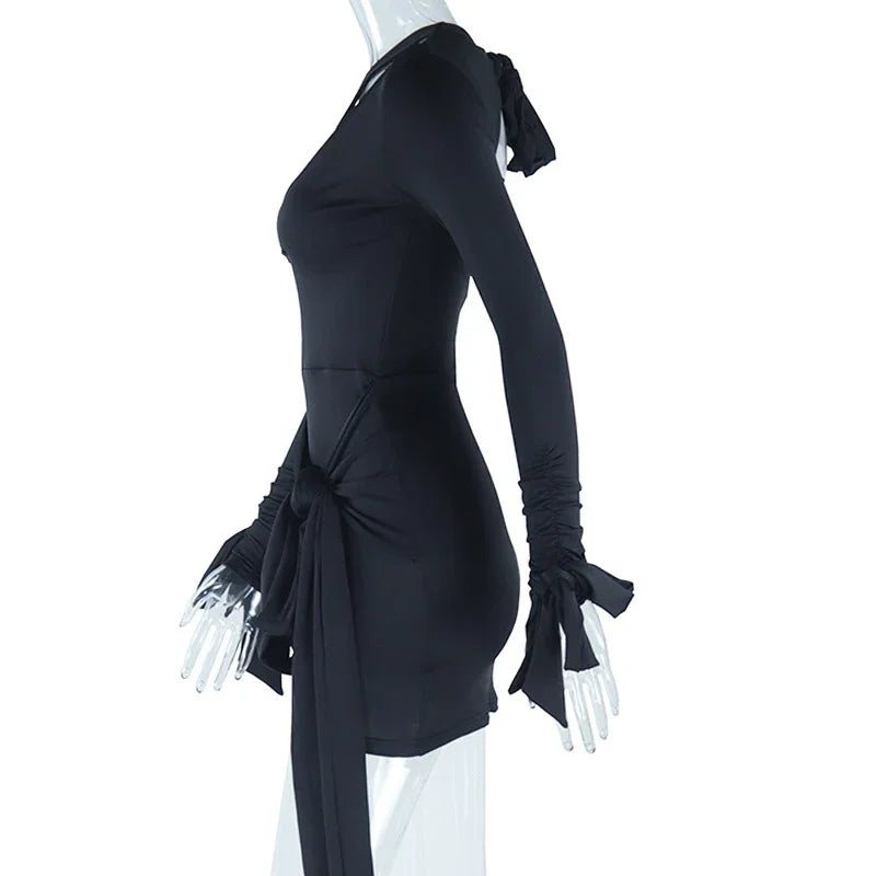 Elegant Black White Bodycon Dresses for Woman Long Sleeve Hollow Out Lace-Up Backless Bandage Party Dress Club Vestido Branco