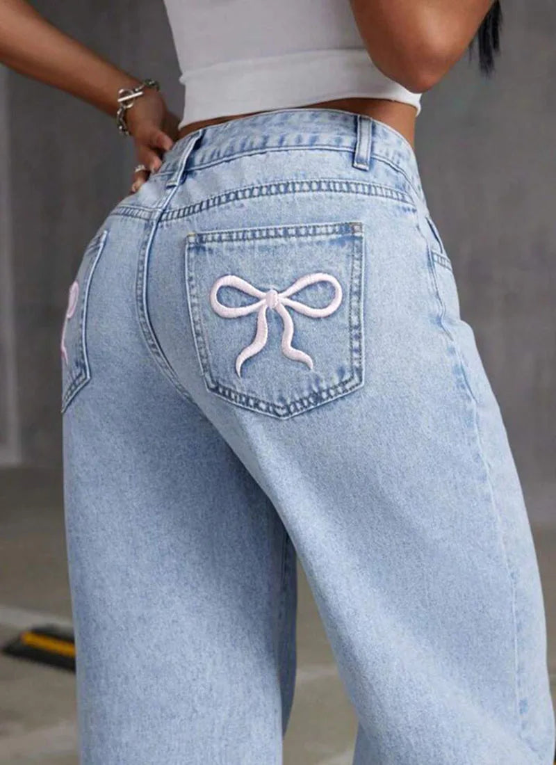 Vintagestyle Women's Jeans Embroidered Fruits Loose Fitting Slim Design Wide Leg Floorlength Style Is Full Of Fashionable Charm