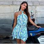 Swirl Print Women's Mini Dress Sexy Halter Neck Sleeveless Backless Ruffles Dresses Female 2026 Summer Fashion Beach Vestidos