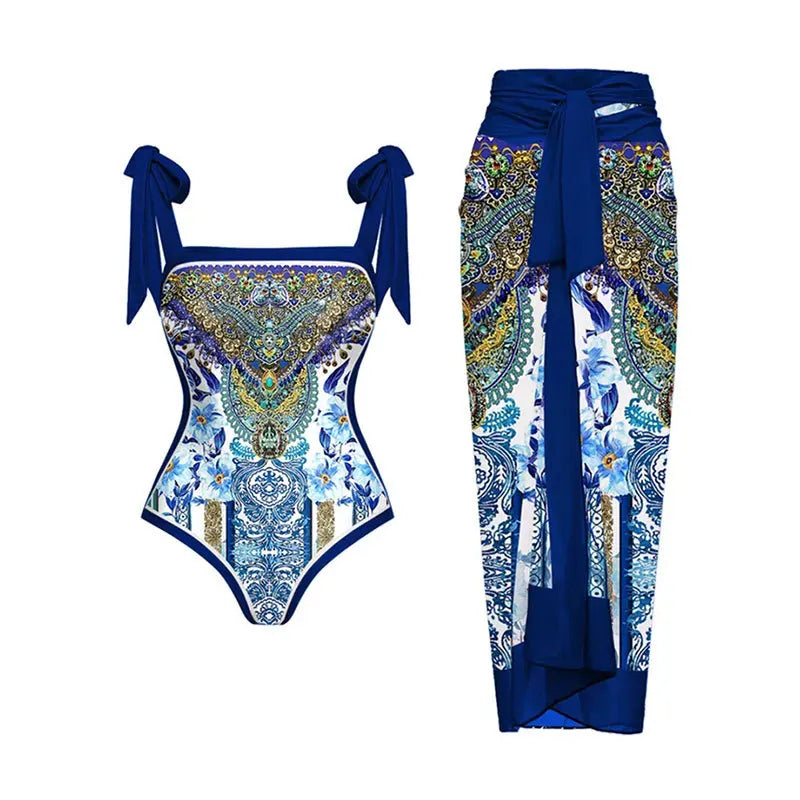Fashion Women Cover Swimsuit Retro Print Gorgeous One-Piece Suit with Swimwear Beach Casual Swimwear Skirt That Wraps Hips