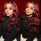 Ombre Red With Blonde Highlights Body Wave 5x5 Glueless Wigs Human Hair Burgundy for Women Pre Plucked 200 Density Colored Wig