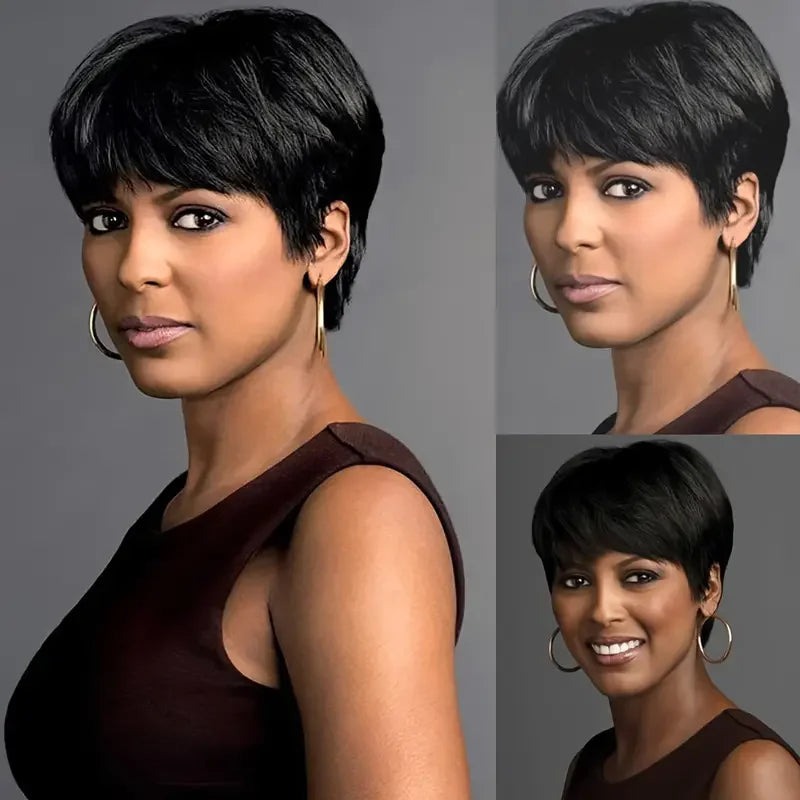 Short Pixie Cut Wig Human Hair For Women Machine Made Wigs With Bangs Brazilian Human Hair Wigs Cheap Pixie Cut WigsOn Sale Secondary image