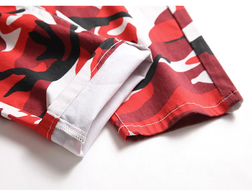 Men Red Camouflage Print Jeans Casual Slim Straight Pants Contrast Color Streetwear Trousers