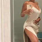 Sexy Spaghetti Strap Backless Summer Dress Women Satin Silky Spaghetti Strap Split Lace Up  Dress Elegant Bodycon Party Dresses