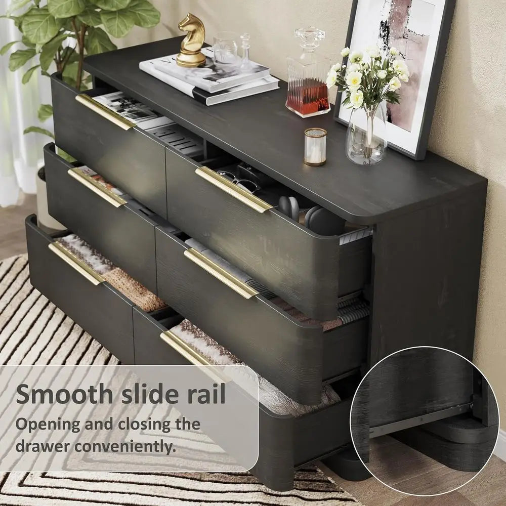 Wide 54 Black Wooden Dresser with Metal Handles, Curved Design for Bedroom, Living Room, or Hallway Storage