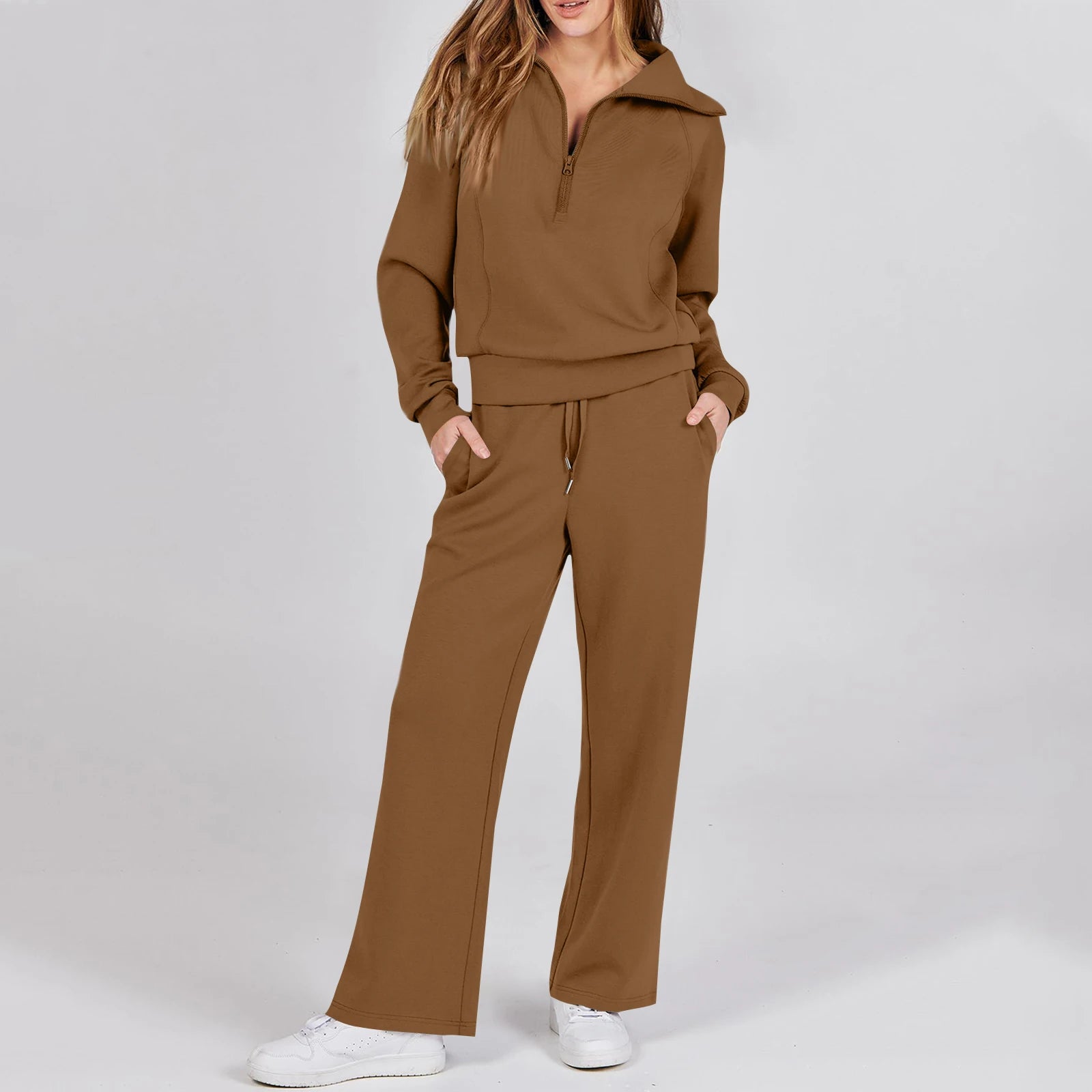 Solid Two-piece set Women Fashion Long Sleeve Zipper Sweater Pullover Tie up Pocket Wide Leg Pant Suit Loose Casual Sport Sets Main image