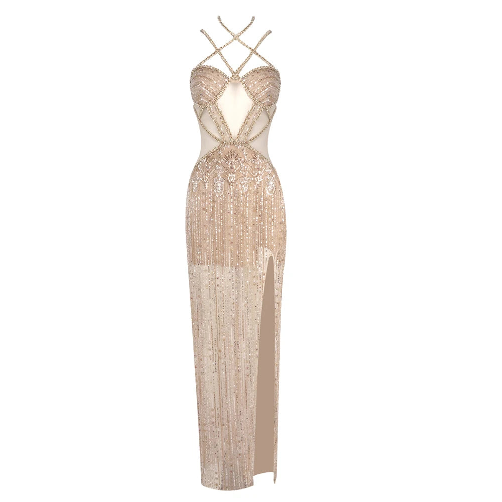 Sexy Gold Sequin Evening Dresses for Women – Luxury Crystal Beaded Prom Dress with High Slit Formal Party Mermaid Gown for Gala