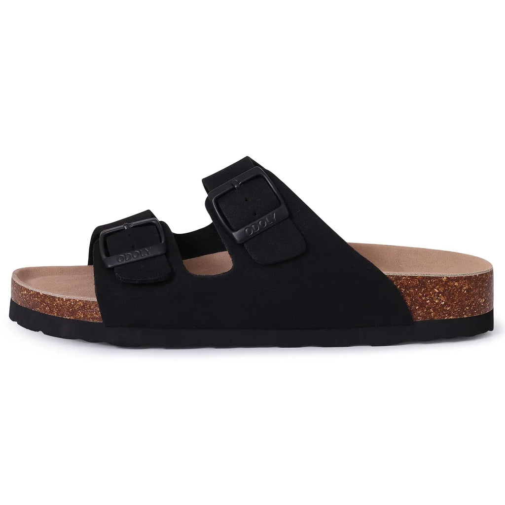 Comwarm Fashion Men Leather Sandals Summer Cork Footbed Slide Sandals Beach Sandals Unisex Brand Sandals with Adjustable Buckle