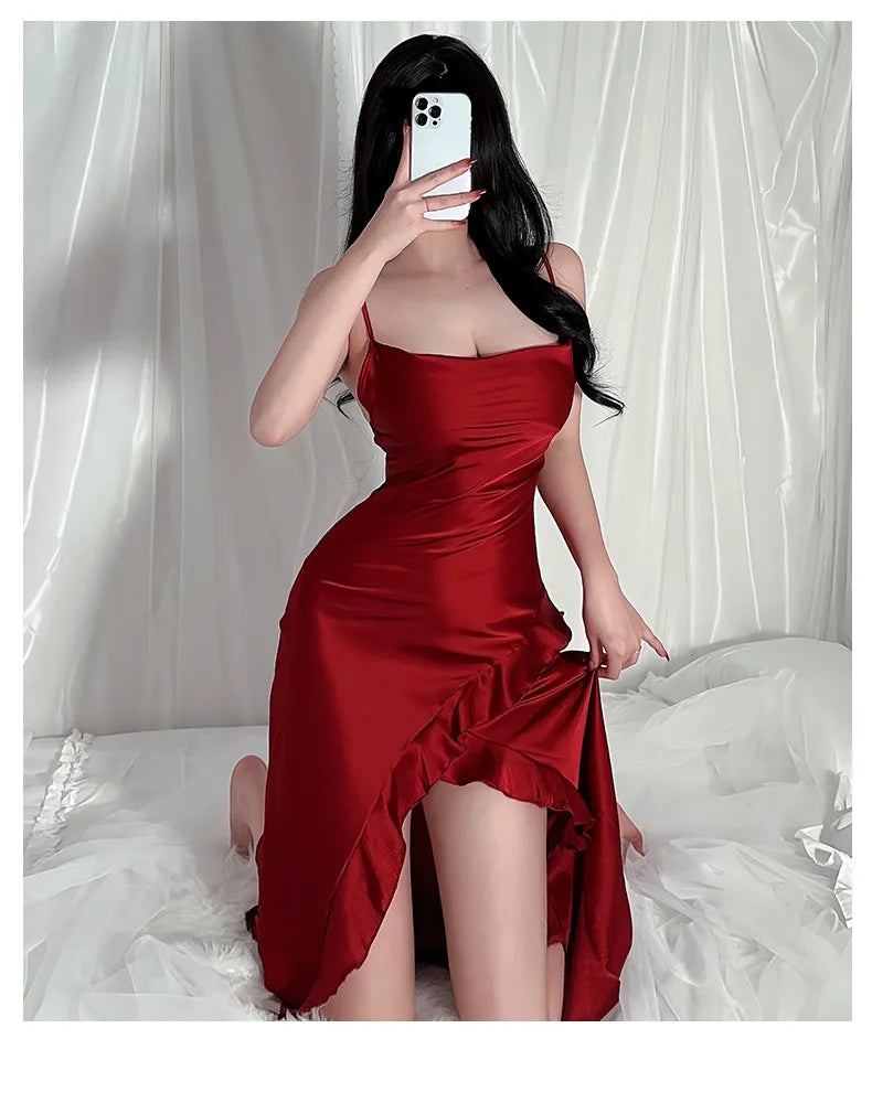 Red New Sling Sexy And Charming Ruffle Edge Bottom Split Smooth Surface Sleeveless Appear Thin Temperament Girl Long Dress 👗