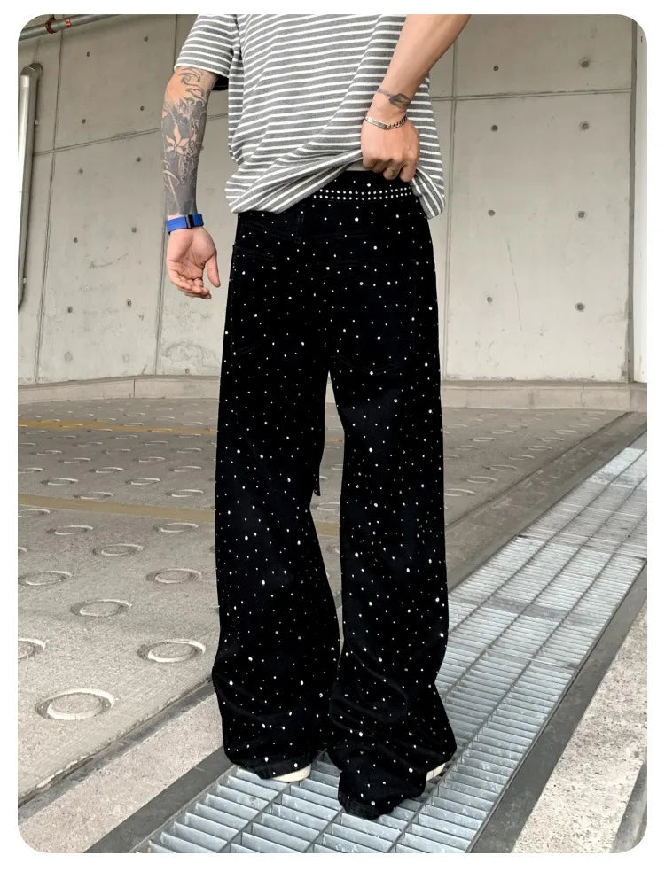 Pants Denim Men Jeans Wide Leg Long Pant Vintage Loose Hot Drilling High Waist Straight Trousers Y2k Streetwear Lace Up Spring