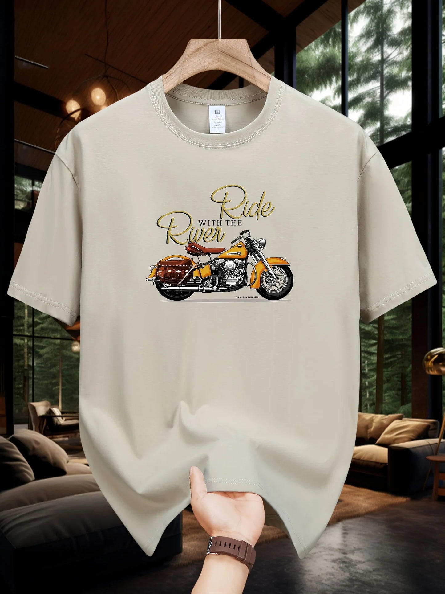 Men's Summer 100 Cotton Fashionable Casual Loose Large Size Classic Motorcycle Pattern Printed Round Neck Short Sleeve T-shirt