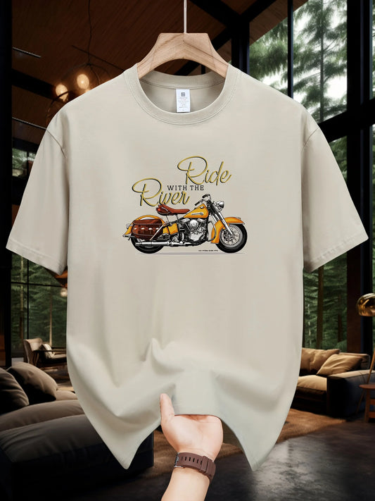 Men's Summer 100 Cotton Fashionable Casual Loose Large Size Classic Motorcycle Pattern Printed Round Neck Short Sleeve T-shirt
