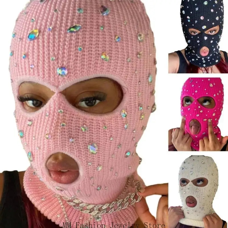 D0UB Knitted Hooded Face Cover Encrusted Halloween Cosplay Balaclava Outdoor