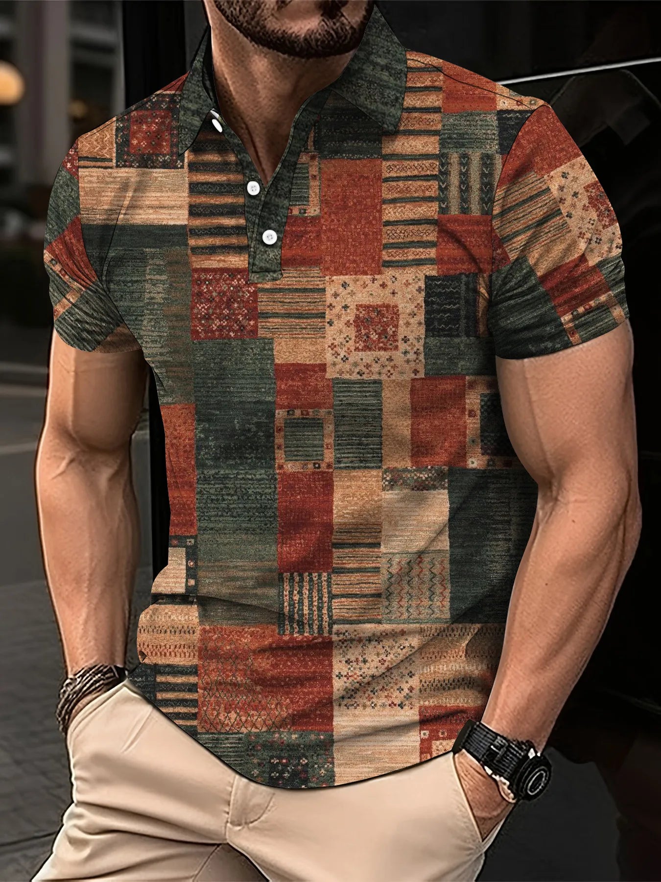 Fashion Elegant Harajuku Slim Fit Ropa Hombre Loose Casual All Match Lattice Men's POLO Shirt Printed Button Short Sleeve Tops