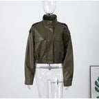 Vintage Zippers Short Leather Jackets Women's Casual Lapel Button Pockets Full Sleeve Coat 2025 Autumn New Lady Chic Streetwear