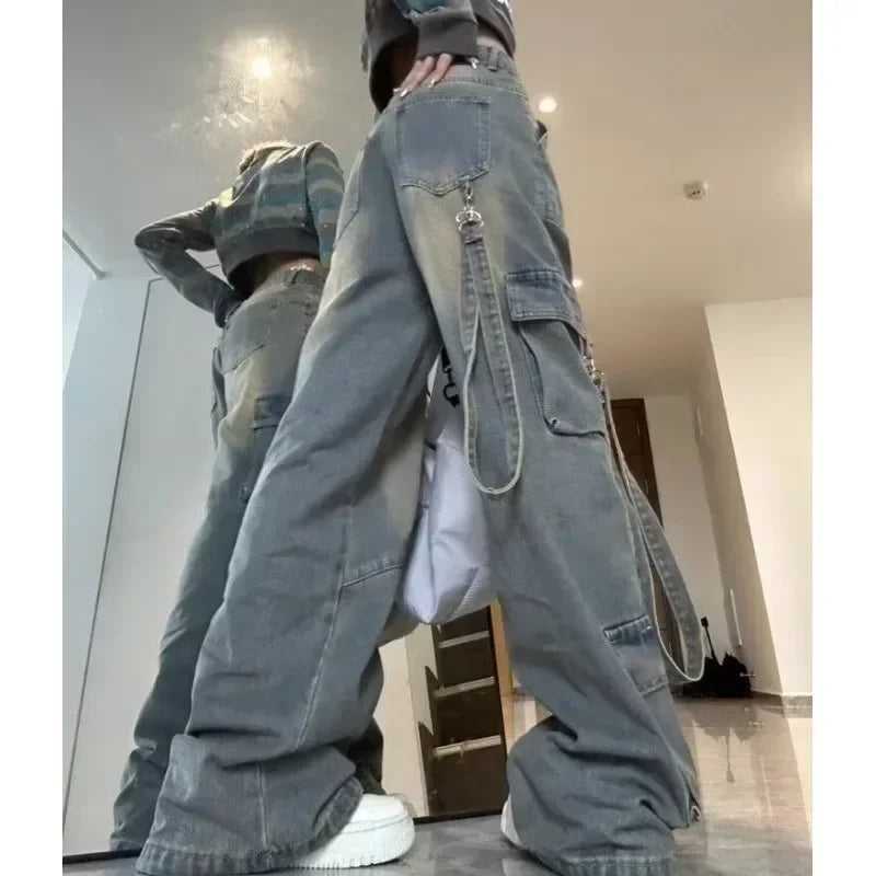 Female Jean Spliced Pockets Cargo Pants Washed Denim High Waist Full Length Jeans Loose Solid Basics Patchwork Distressed Secondary image