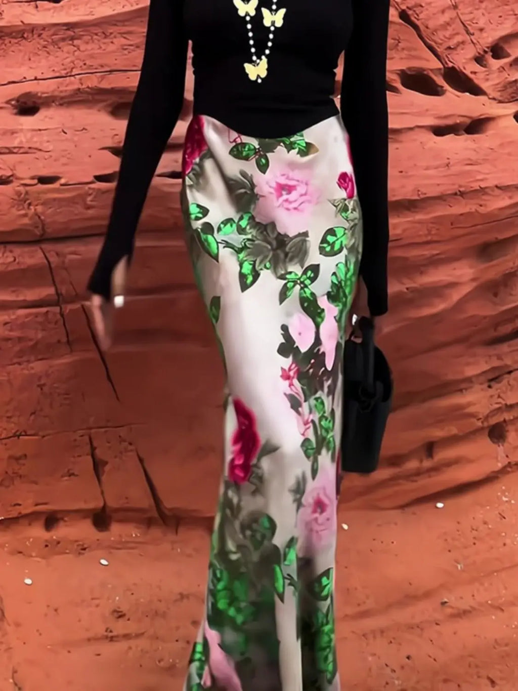 Women Clothing Stylish Vintage Satin Floral Print Luxury Chic Long Skirts Female Elegant High Waist Slim Party Maxi Skirt Faldas