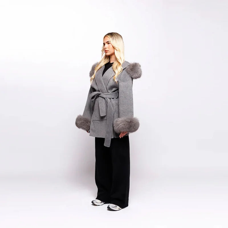 Fashion Hooded Women's Wollen Coat Fur Collar Lace Up Pocket Solid Warm Lady Coats 2025 Autumn Winter Elegant Female Streetwear