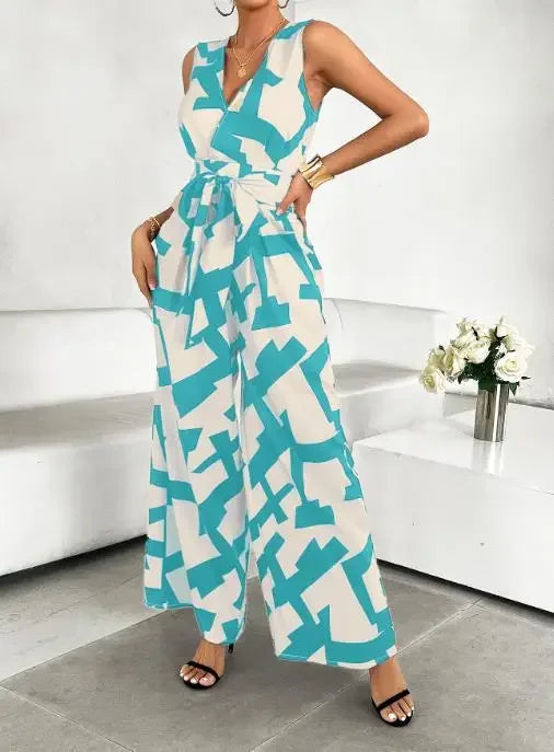 Summer Fashion Vacation Style Jumpsuits for Women Casual V Neck Sleeveless Color Blocking Lace Up High Waist Wide Leg Jumpsuit