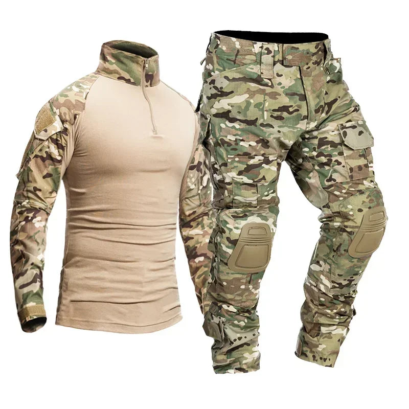 Camo Tactical Sets Outdoor Long Sleeve Wear-resisting T Shirts+Multi-pocket Tactic Cargo Pants Suit Training Workwear Combat Set