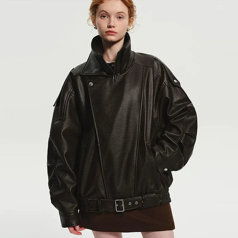 Vintage Zippers Short Leather Jackets Women's Casual Lapel Button Pockets Full Sleeve Coat 2025 Autumn New Lady Chic Streetwear