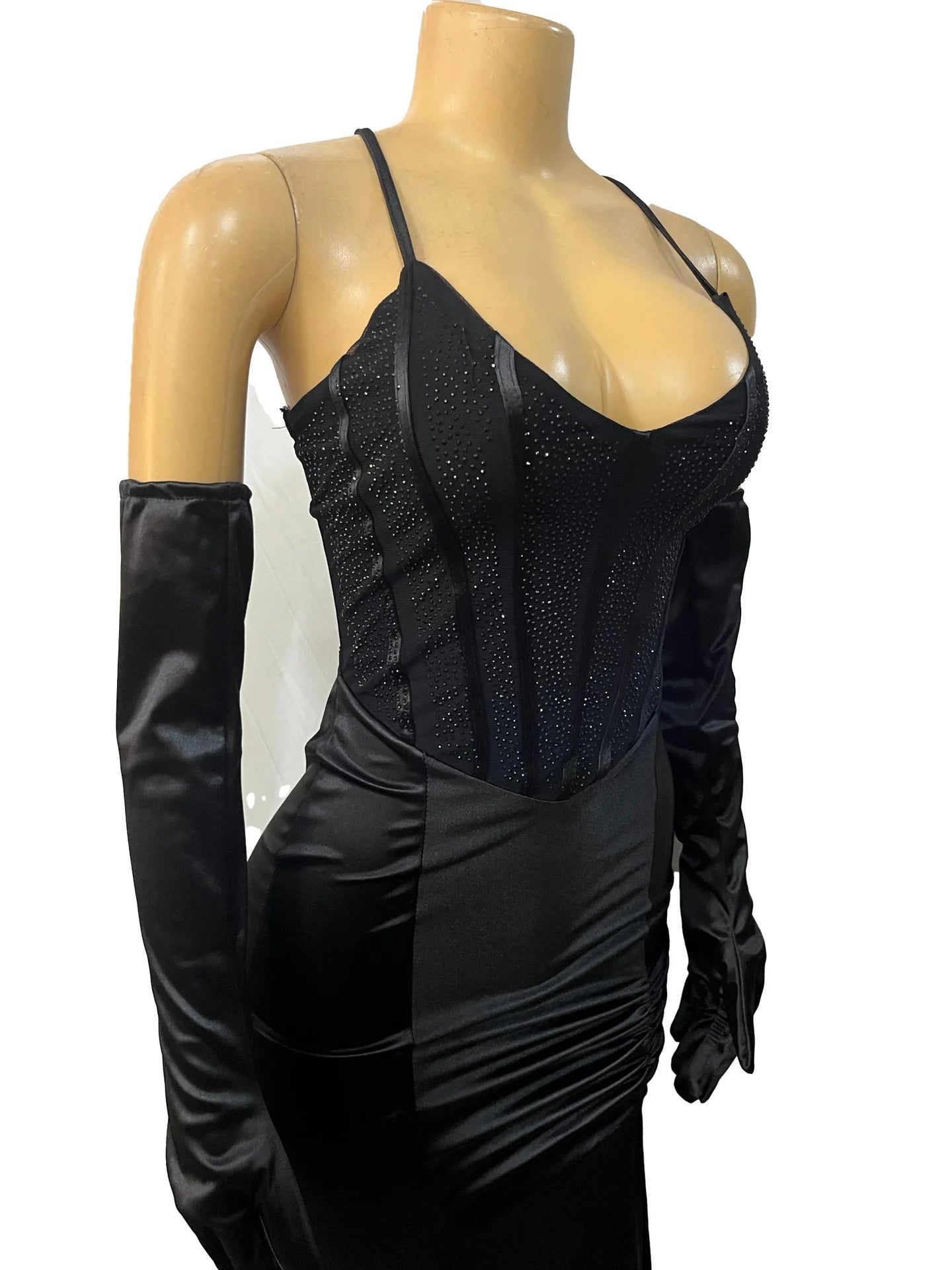 Women Sexy V-neck Lace Up Halter Backless Bodycon Birthday Dress Diamonds Corset Floor-length Evening Party Dresses with Gloves