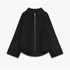 Woolen Zipper Loose Short Jacket Women Long Sleeve Lapel Solid 2025 Autumn Winter Commute Coat Street Office Warm Ladies Outwear
