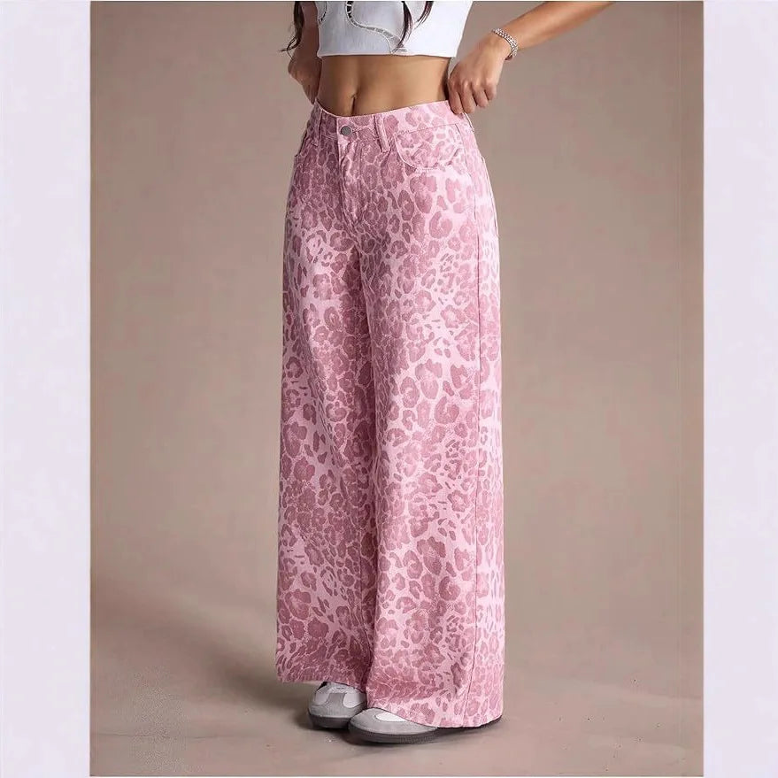 2026 New Pink Women's Jeans, Female Leopard-Print Pants for Spring and Fall.