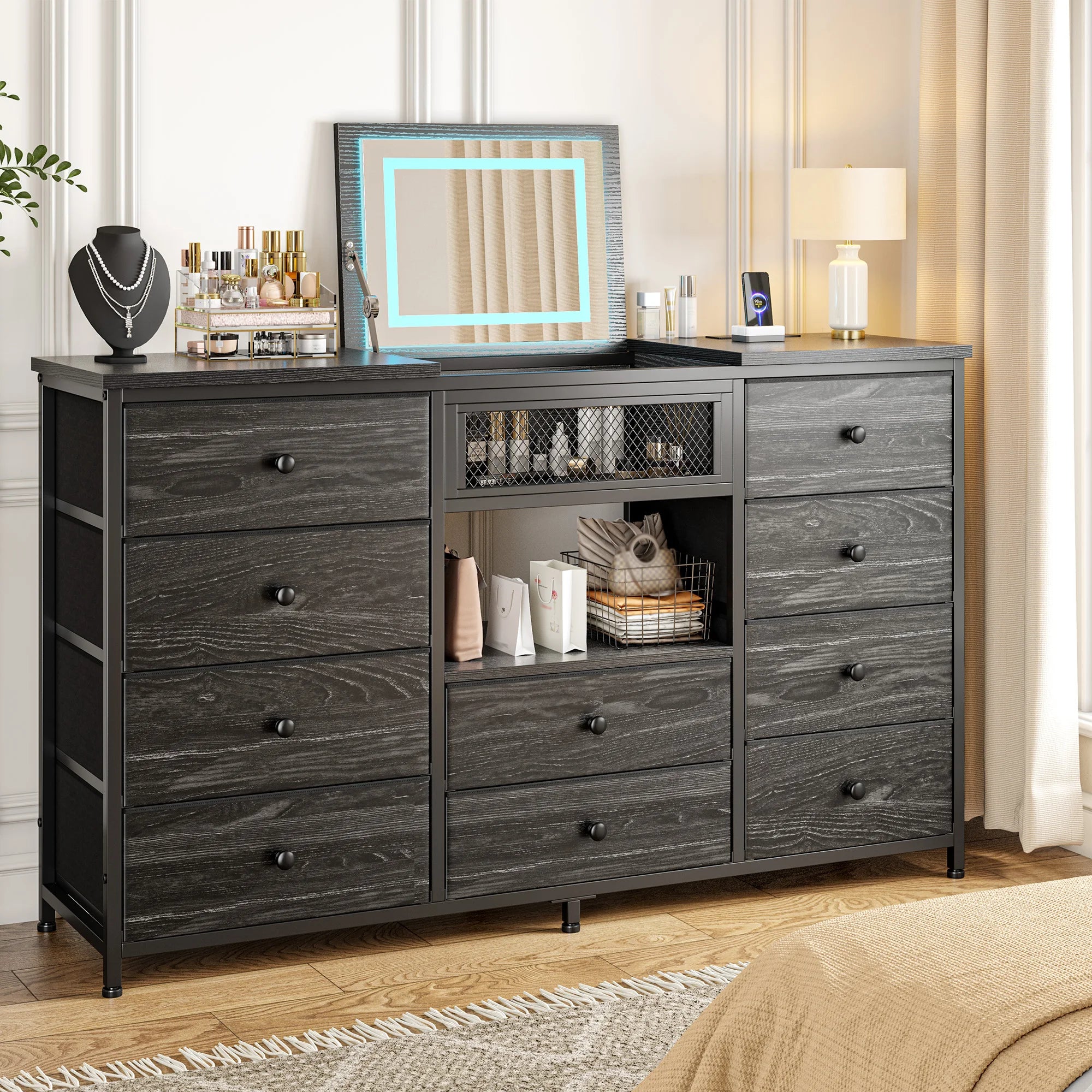 Modern 10-Drawer Dresser with Mirror & RGB LED Lights, 55" Wide Fabric Chest with USB Charging for Bedroom Vanity, Hallway Main image