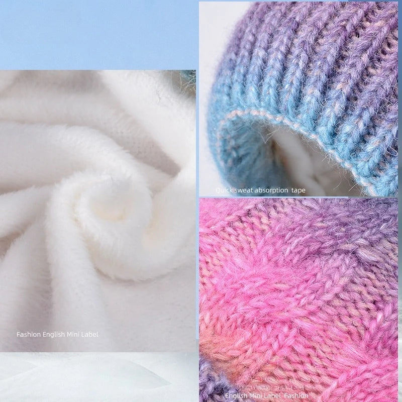 Winter Lady Warm Hat Scarf Two-piece Set Fleece Thickened Gradual Change Color Knitted Skiing Hat Fashion Pullover Hat for Women