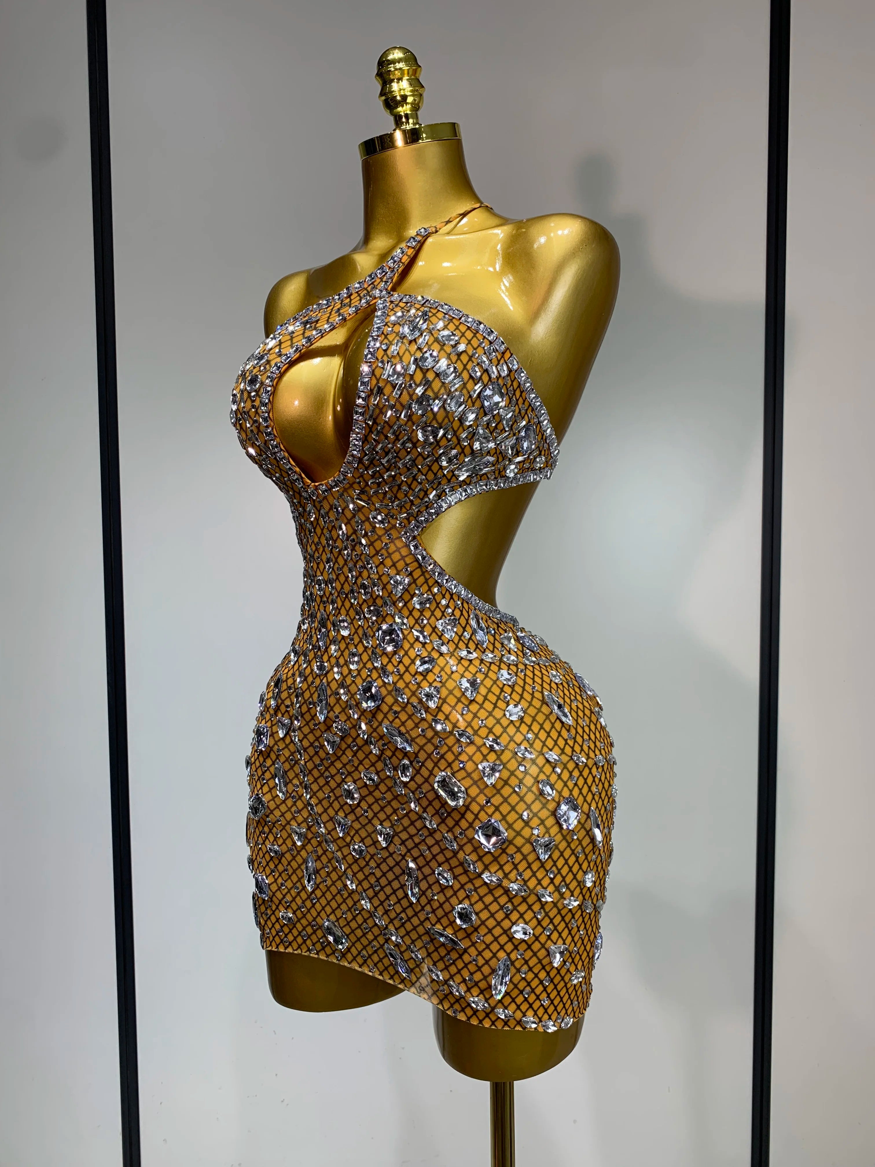 Sexy Sparkly Diamond Backless Short Dress 2026 Women Sleeveless Mesh See Through Evening Birthday Gown Singer Stage Outfit