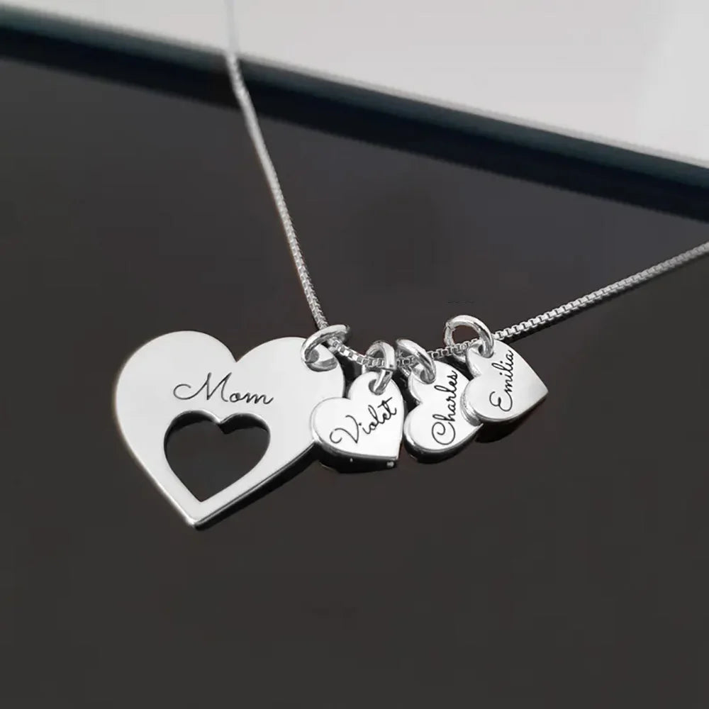 Personalized Name Hearts Necklace For Mom Engraved With Multiple Kids Names Customized Stainless Steel Jewelry Mother's Day Gift