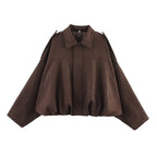DUOPERI Women 2025 New Solid Bomber Jackets Lapel Neck Long Sleeves Female Elegance Chic Casual Jacket Tops