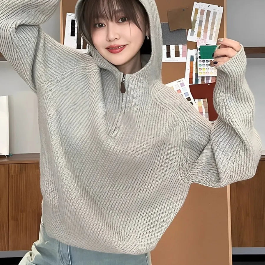 Gray Zipper Knitted Sweater Women's Style Lazy Fashion Anti-Aging Design Top Winter High-End Feeling Self-Confident Elegant