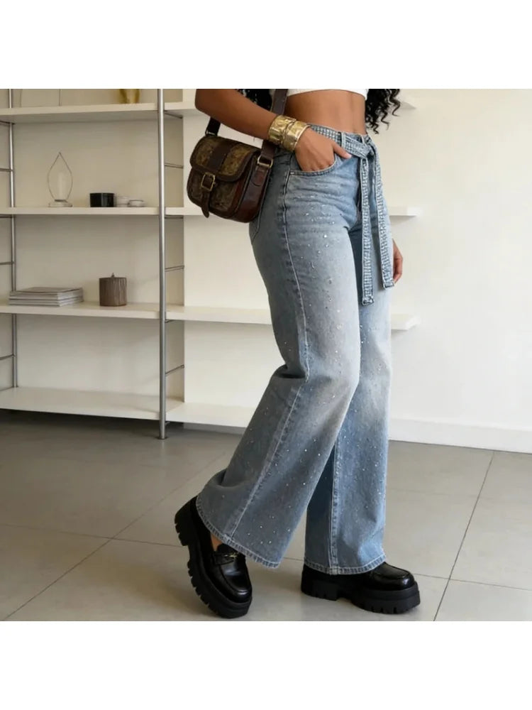 2026 Women Jeans Straight Diamonds Pants Y2k Streetwear Elegant High Waist Washed Belt Loose Wide Leg Denim Trousers Bottoms