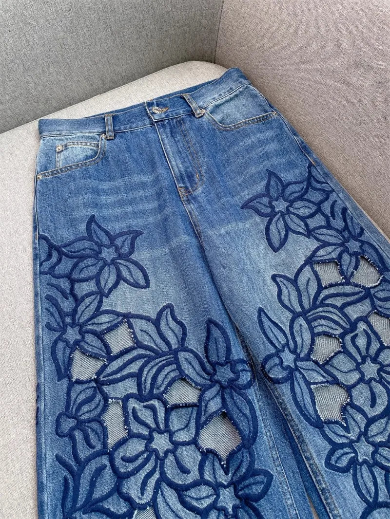 Summer Women Jeans Floral Embroidery Straight Trousers Designer Streetwear Casual Hollow Out Vintage High Waist Denim Long Pants