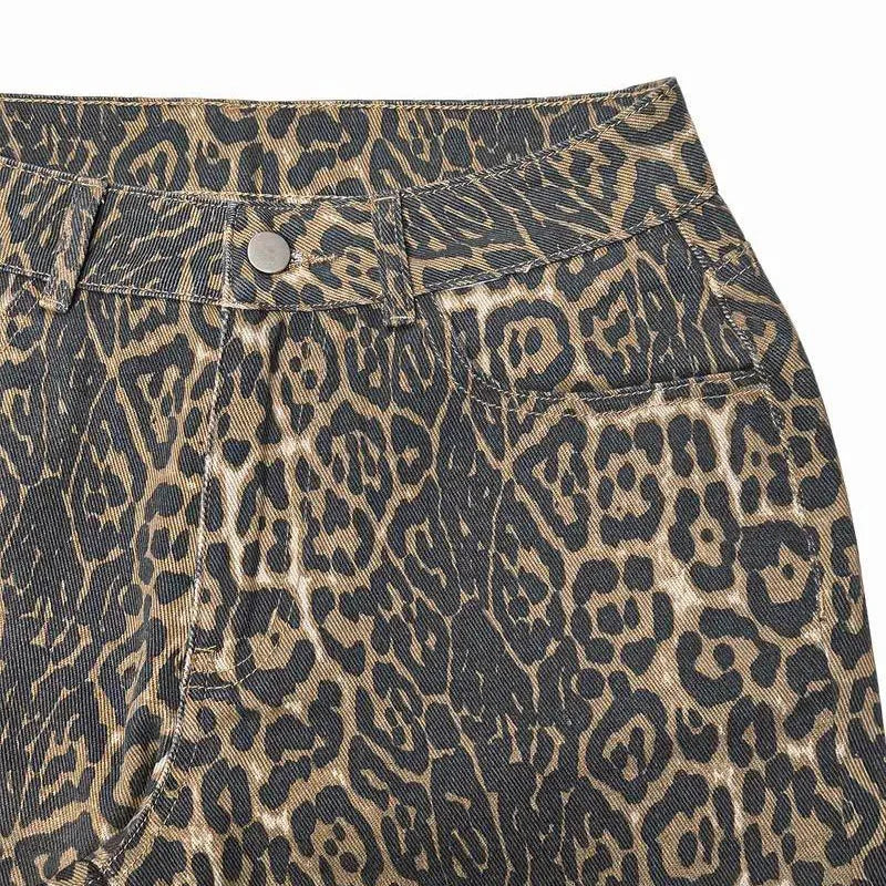 Female Retro Designer Straight Leg Jeans Pants Lady Fashion High Waist Denim Pants Women Leopard Print Baggy Trousers