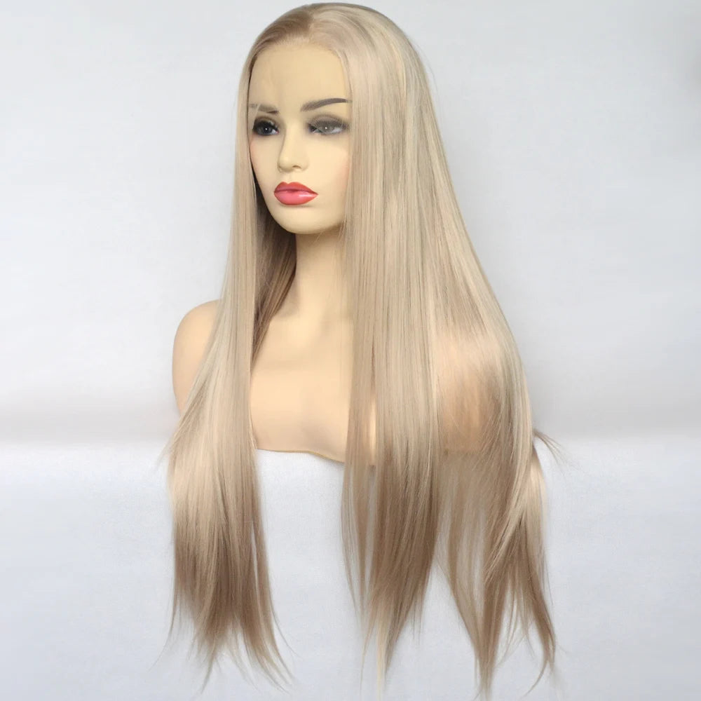 Voguequeen Platinum Blonde Synthetic Lace Front Wigs Silky Straight Heat Resistant Fiber Daily Wear For Women