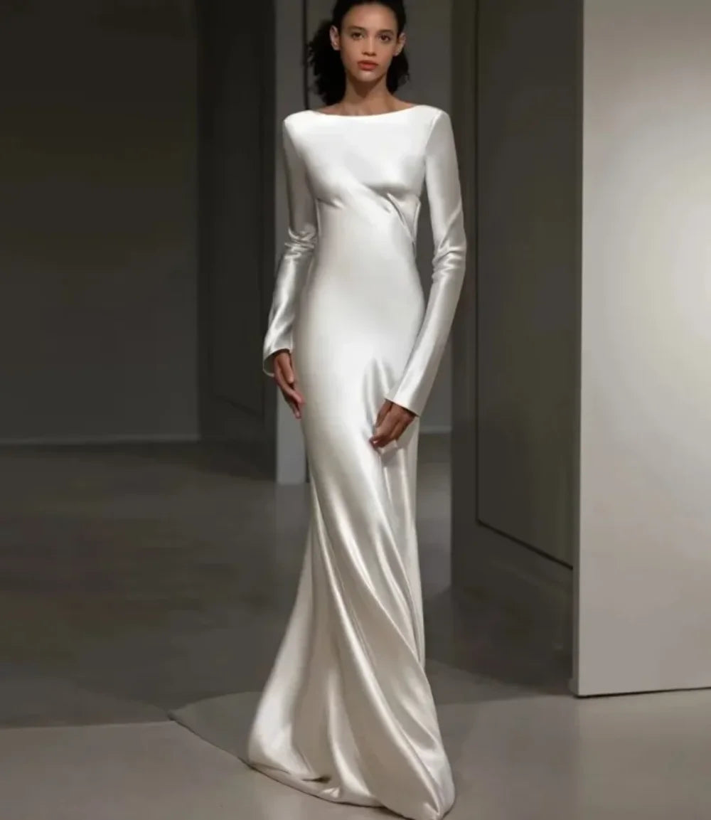 New Wedding Dress Sheath For Bride Silk Satin Full Sleeves Long-Open Back Customized Made Bridal Formal Gown Vestidos De Novia