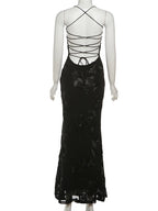 Nibber Elegant Flower Embroidery Maxi Dress Women Low-Neck Cross Bandage Backless Summer Street Trend Skinny Holiday Vestidos
