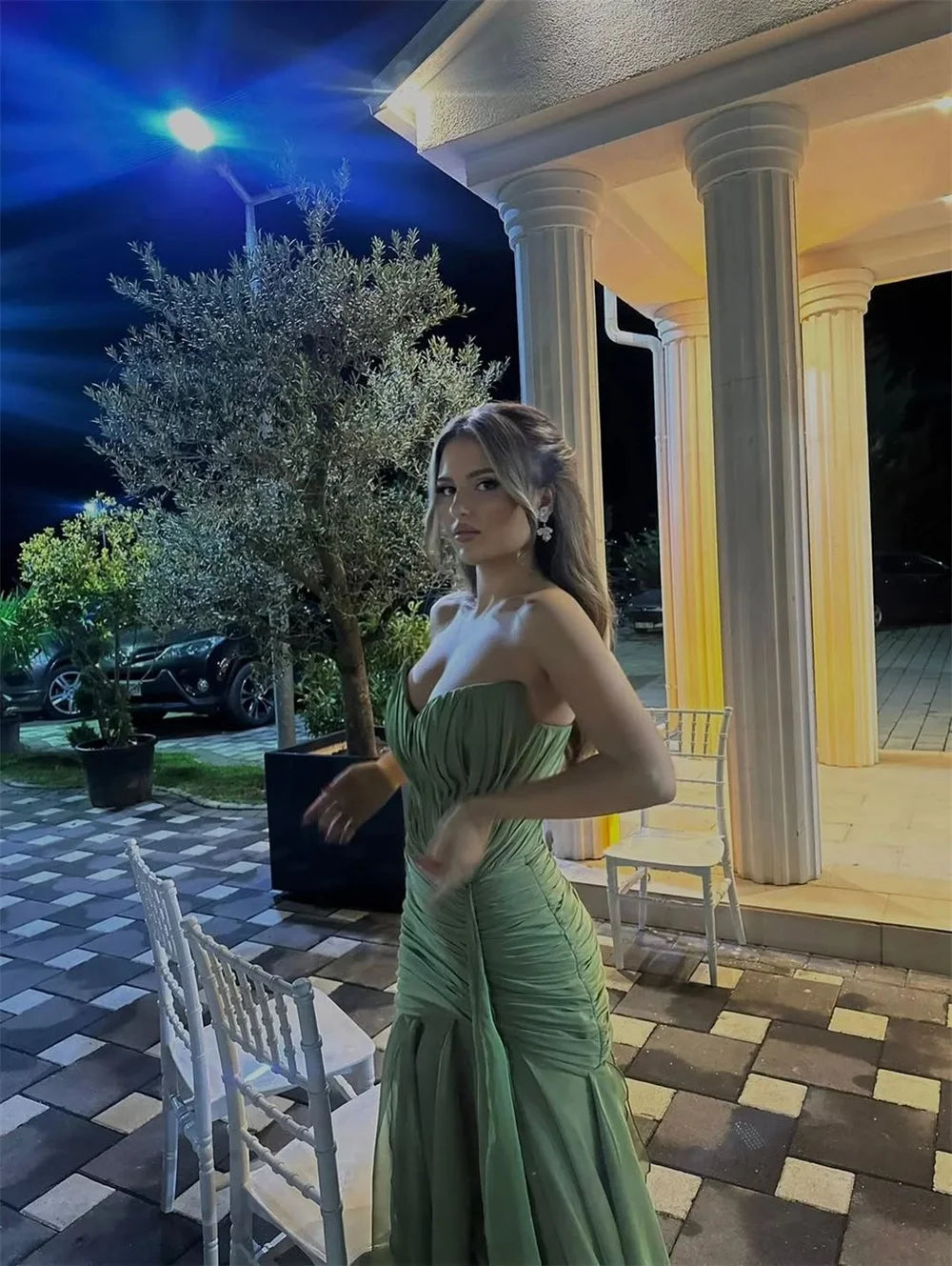 Cathy Customize Olive Green Pleated Chiffon Prom Dress V Neck Lace-up vestidos de noiva Floor-length Sheath Evening Dresses 2026