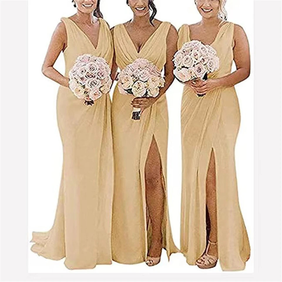 Elegant Bridesmaid Dresses 2026 Wedding Banquet V-Neck Sweep Train Sleeveless Simple A-line Split Backless Evening Dress Main image