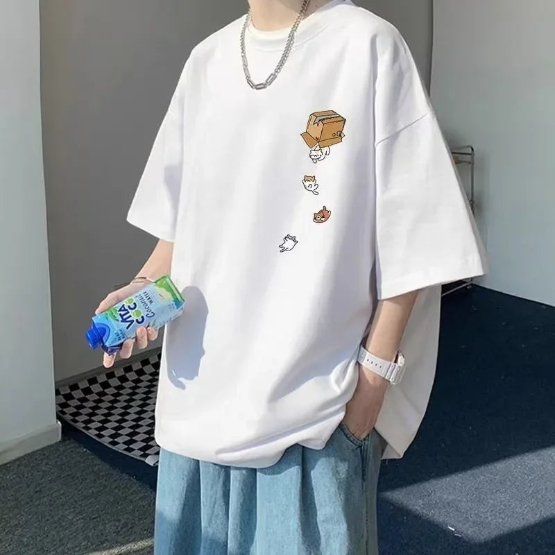 M-8XL Men Oversized Korean Fashion Loose American Vintage Carton Kitten Print Short Sleeve Versatile Trend Couple Outfit Main image