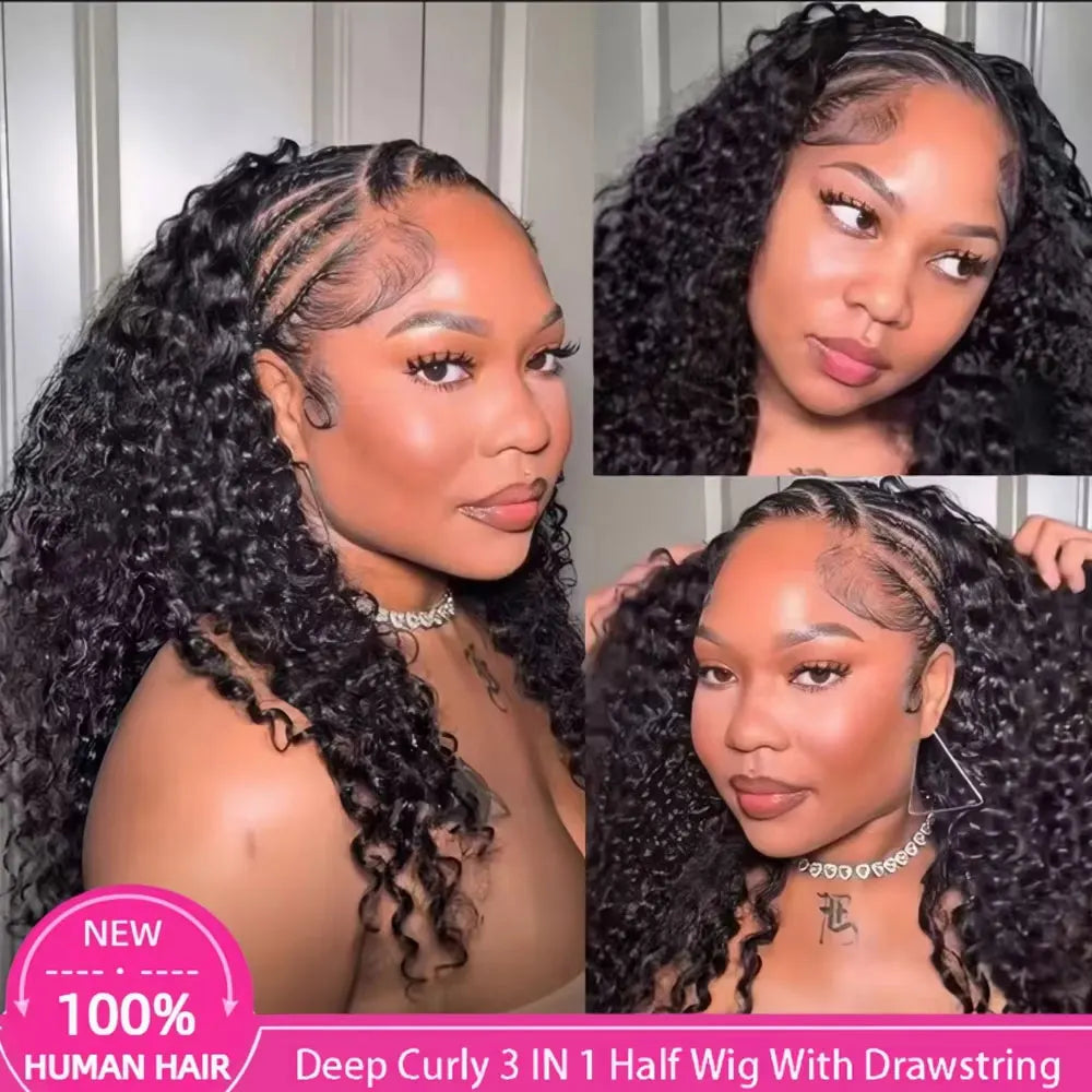 Jerry Curly Half Wig Human Hair Seamless Kinky Curly 3 In 1 Half Wig  Glueless  Heandband Clip In Wig No Sew In Black Color Secondary image