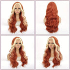 26" Long Blonde to Orange Gradient Highlight Wig Skunk Stripe Synthetic Lace Front Voluminous Body Wave Hair for Women