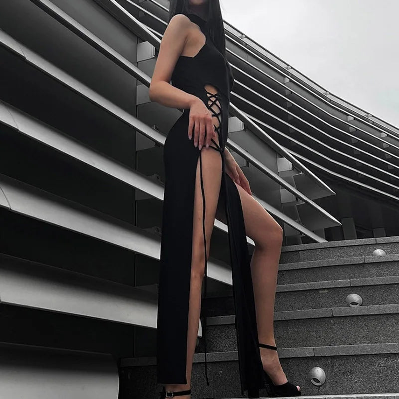 Goth Dark Cosplay High Split Sexy Bandage Women Dresses Y2K Mall Gothic Halter Slim Midi Dress Black Grunge Style Alt Partywear