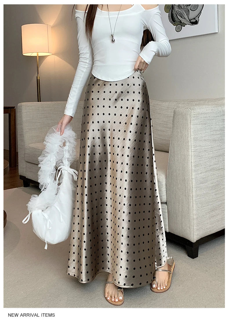 Women Polka Dot Acetate Satin Mermaid Maxi Skirt High-Waisted Slimming Fishtail Hem with Draped Elegance for Spring Autumn